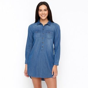 White House Black Market Denim Shirt Dress Long Sleeve Pockets, Size 00 Oversize